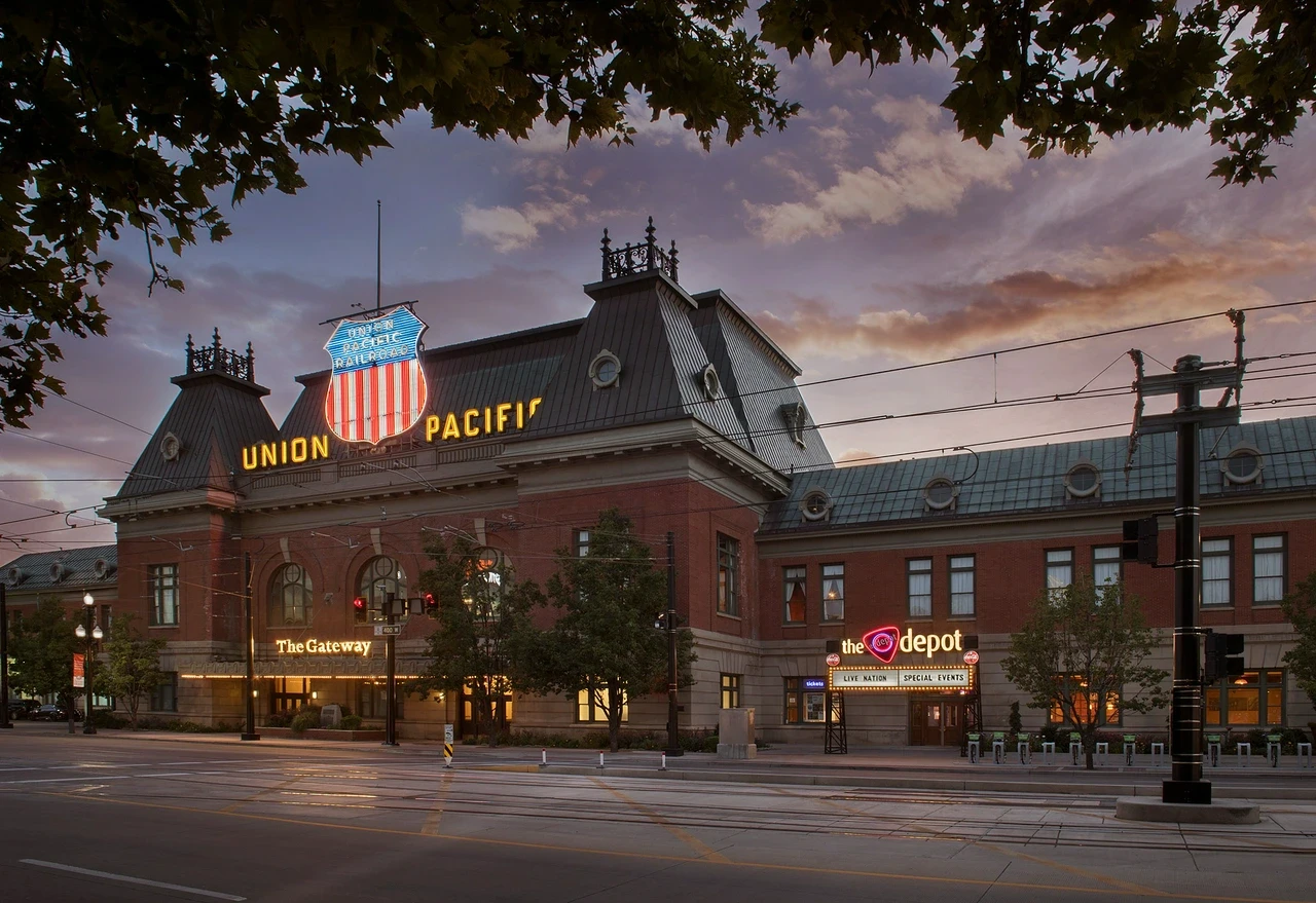 The Depot exterior — historic Union Pacific Railroad building at dusk