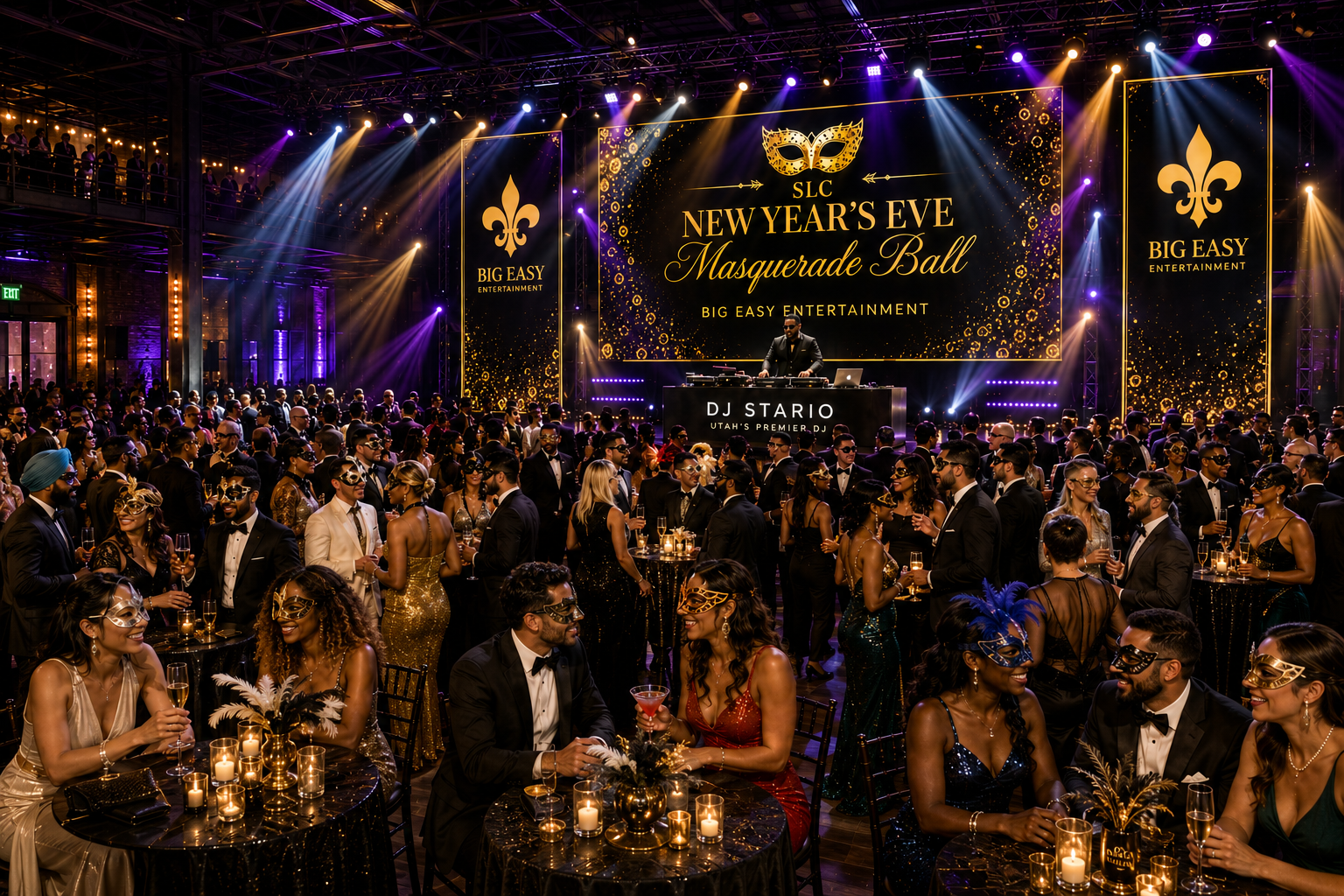 SLC NYE Masquerade Ball — DJ Stario performing live on stage at The Depot with masked guests celebrating